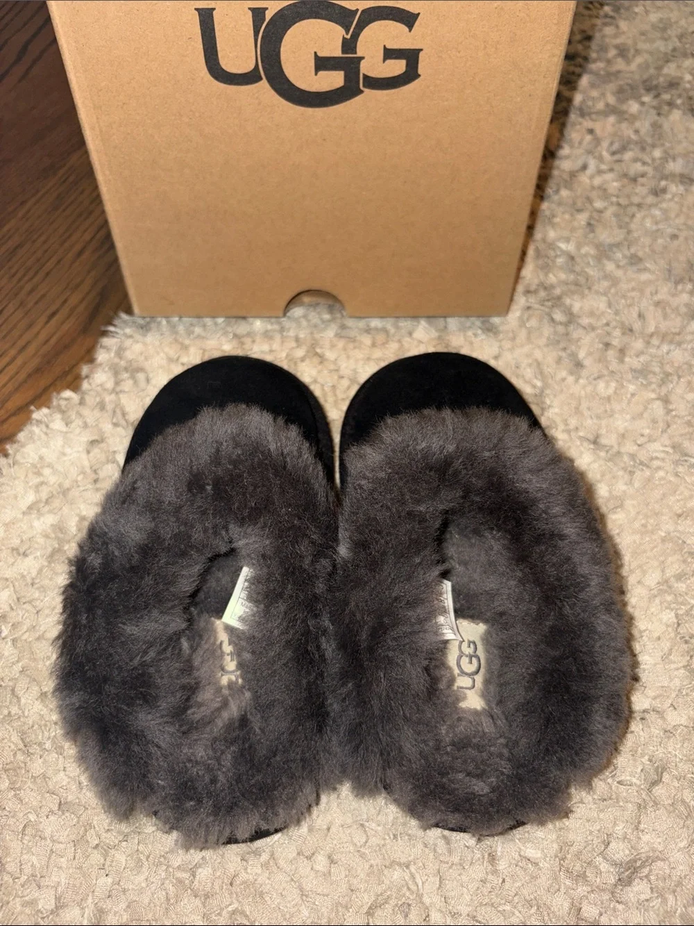 UGG Kids Black Suede Shearling Clog with Gray Fur Cuff